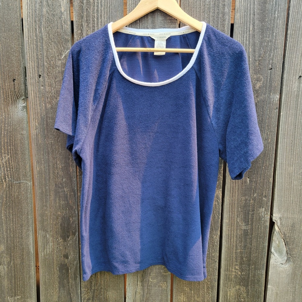 Lucky Brand Womens XXL Plus Navy Blue Terry Cloth Scoop Neck Raglan Short Sleeve